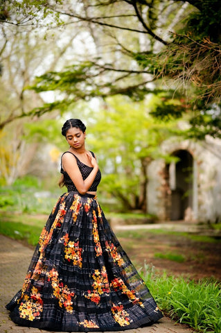 Black flower lehenga