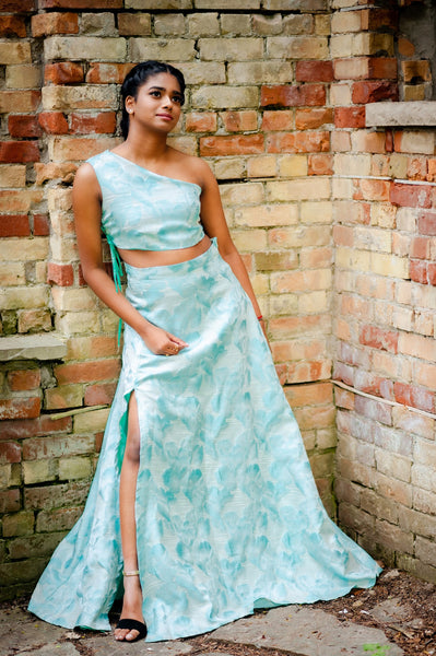 sky blue slit lehenga and top