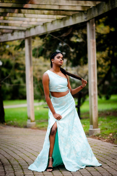 sky blue slit lehenga and top