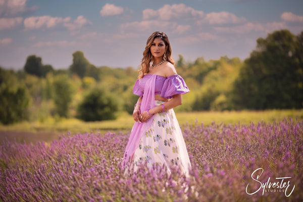 Lavender top with lotus print Lehenga