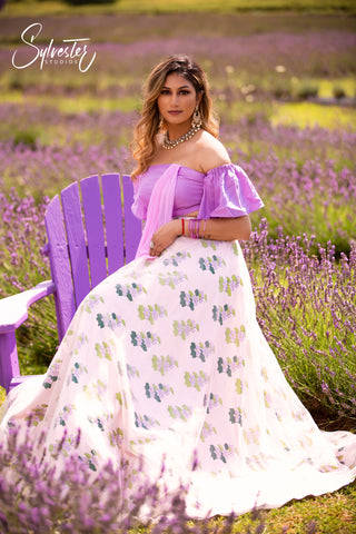 Lavender top with lotus print Lehenga