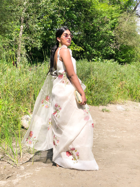 Perl White wild rose Saree