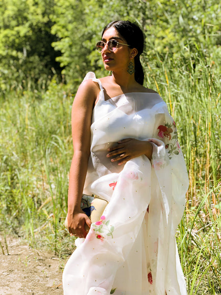 Perl White wild rose Saree